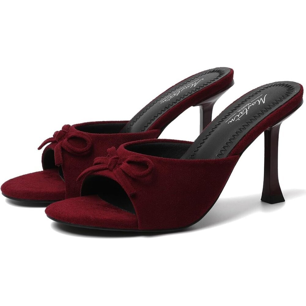 Women's Burgundy Suede Round Toe Heels With Bow Vintage Mules Sexy Slip on